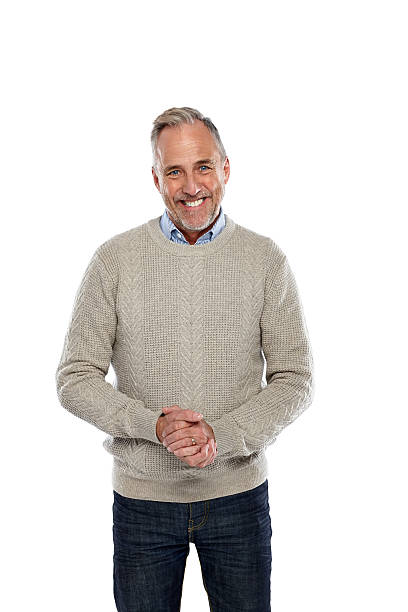 istock Happy middle aged man standing on white 530753551
