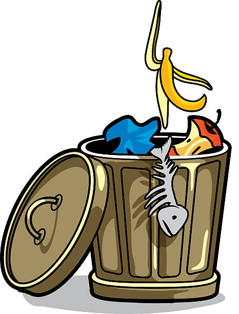 trash can trash can with a banana peel, fish skeleton and stub. EPS 10. Includes transparency overflowing trash dumpster stock illustrations
