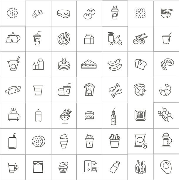 Fast food vector outline icons set. Cooking Fast food vector outline icons set. Cooking steak and eggs breakfast stock illustrations