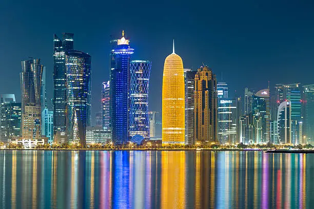 the towers of Doha cornice at night