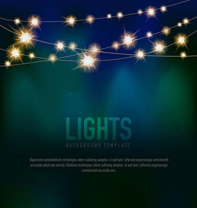 Vector Illustration of Generic Lights design template with string lights, black and teal background. Sample text design. Easy layers for customizing. Use for garden party invitations, outdoor weddings, receptions. Tent party, ambience, romantic setting, night time setting, string lights, night buffet, tables, chairs, white linen.  Music, string quartet, dancing, dance floor. Glowing and fancy.