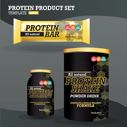 Vector Illustration of a Set of protein supplements packaging designs. Includes Protein bar, protein supplements, and protein shake, packaging template design with sample text. Each item grouped for easy editing.  Use for advertising, billboards. Health, diet, weight management, calories, healthy, supplements, protein, weight lifting, muscle maintenance, all natural, formula, regime.