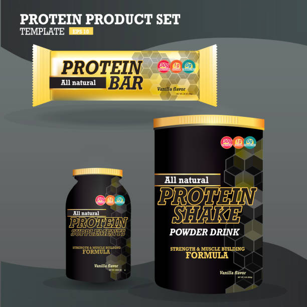 Set of protein supplements packaging designs Vector Illustration of a Set of protein supplements packaging designs. Includes Protein bar, protein supplements, and protein shake, packaging template design with sample text. Each item grouped for easy editing.  Use for advertising, billboards. Health, diet, weight management, calories, healthy, supplements, protein, weight lifting, muscle maintenance, all natural, formula, regime. bodybuilding supplement stock illustrations