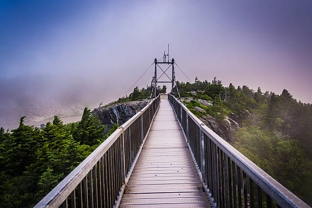 The Mile-High Swinging Bridge in fog, at Grandfather Mountain, N stock photo
