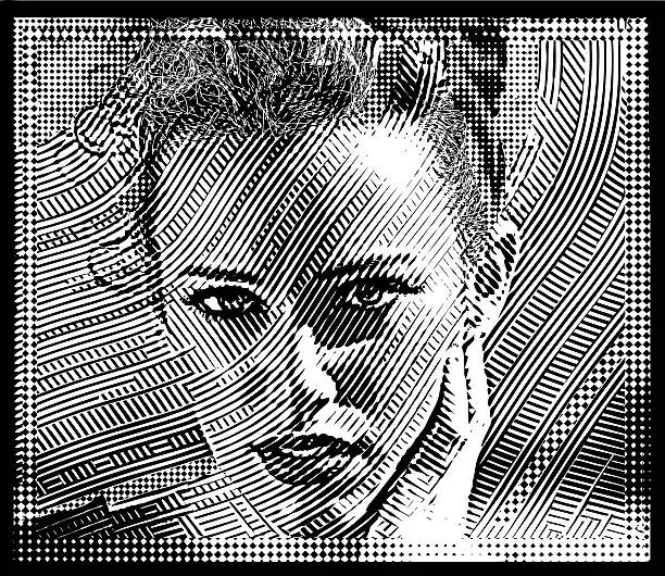 Vector illustration of Line Art Portrait of one young woman and Halftone Pattern