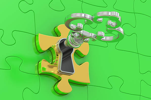 istock Golden key and green puzzle, 3D rendering 530757380