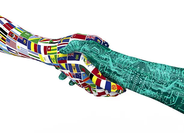 world nations hand shaking robothand isolated on white with clipping path, 3d illustration