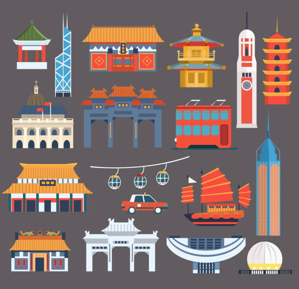 Chinese Symbolic Landmarks Collection Chinese Symbolic Landmarks Collection In Simplified Flat Vector Colorful Design On Grey Background dragon in chinese temple stock illustrations