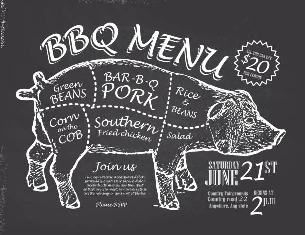 , która wygląda jak narysowana kredą stylu country wieprzowina z grilla zaproszenie design szkic skrawania - pig roasted barbecue grill barbecue stock illustrations