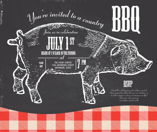 illustrazioni stock, clip art, cartoni animati e icone di tendenza di chalkboard stile country barbecue di maiale invito modello di progettazione - pig roast