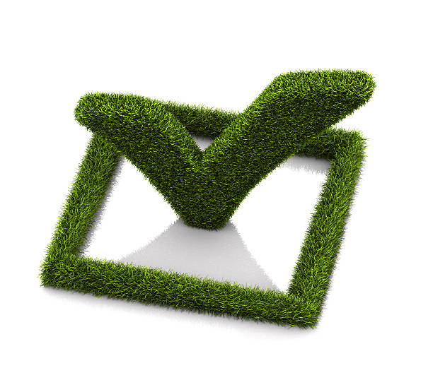 istock Green grassed check mark symbol in the square on white 530758686