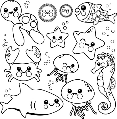 Sea Animals Coloring Book Page Stock Illustration - Download Image Now -  Black Color, Cute, Jellyfish - iStock