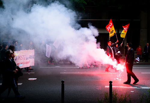 Paris, France - May 12, 2016 - French unions and students protest in Paris, France after the government forced through controversial labour reforms.