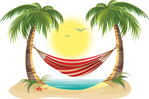 Beach vacation. Hammock between palm trees Beach vacation. Hammock between palm trees. Cartoon illustration in vector format hammock stock illustrations