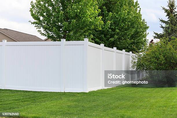 White Vinyl Fence Stock Photo - Download Image Now - Fence, Plastic, Residential Building