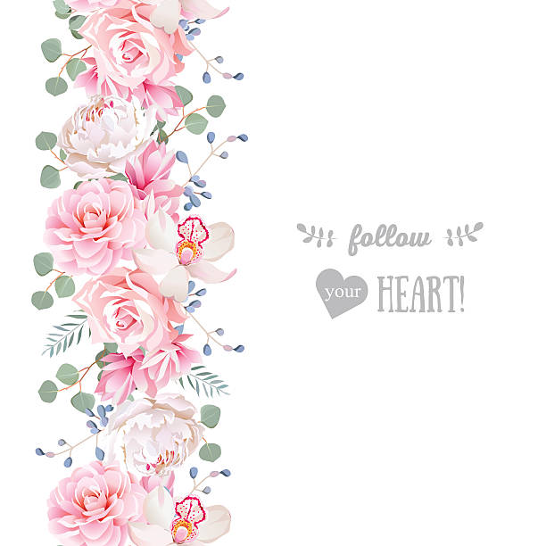 вертикальные линии бесшовные гарленд с камелия, розовый, пион и орхидея - birthday card greeting card banner striped stock illustrations