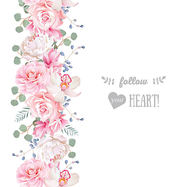 Vertical seamless line garland with camellia, rose, peony and orchid Vertical seamless line garland with camellia, rose, peony, eucaliptus leaves and orchid. Cute wedding floral vector design frame. Banner stripe element. anniversary card stock illustrations