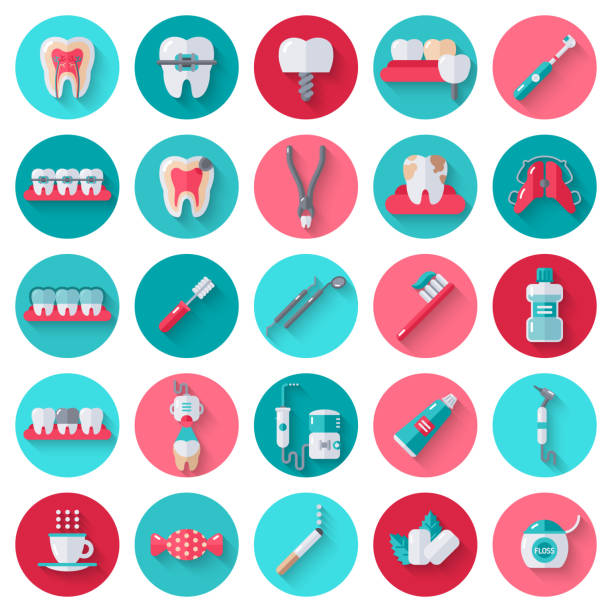 ilustraciones, imágenes clip art, dibujos animados e iconos de stock de conjunto de iconos plana dental en círculos - dental issues