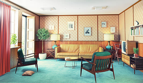 retro interior beautiful vintage interior.  3d rendering 1970s style stock pictures, royalty-free photos & images