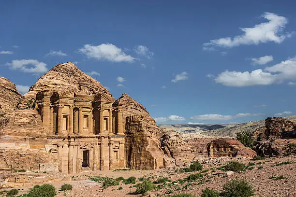 Side view of Ad Deir (aka The Monastery or El Deir) in the ancient city of Petra (Jordan)