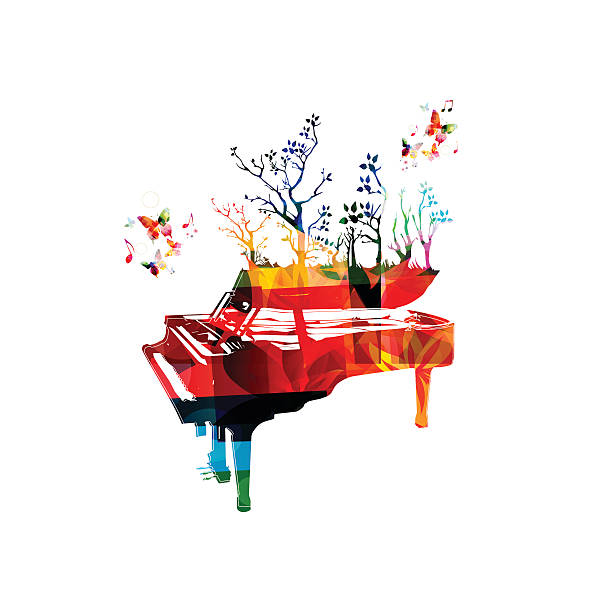 bunte musik hintergrund mit klavier und schmetterlinge - piano key piano musical instrument music stock-grafiken, -clipart, -cartoons und -symbole