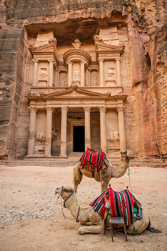 Al-Khazneh (también conocido como tesorería) con camellos en Petra (Jordania) photo