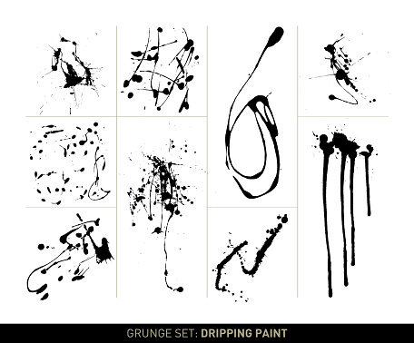 Set with 9 different, vectorized paint drippings in black on white background. The grunge effect is based on real splattered and dripped paint and ink. It shows different splash effects. Color can be easily changed.