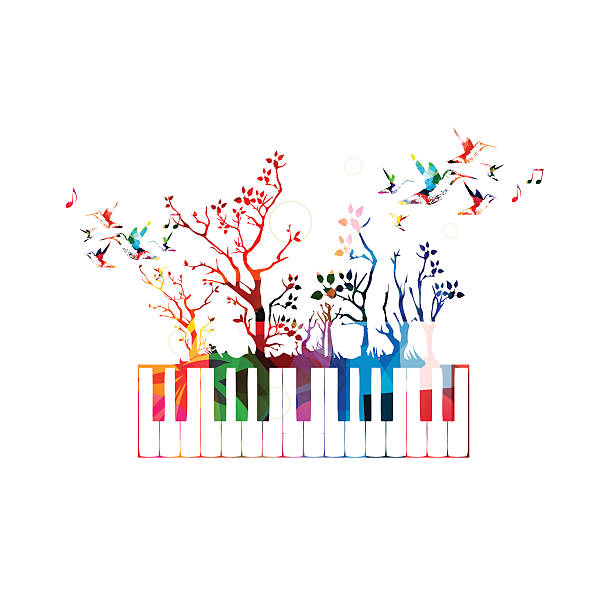 bunte musik hintergrund mit klavier tastatur und kolibris - musical note treble clef sheet music key signature stock-grafiken, -clipart, -cartoons und -symbole
