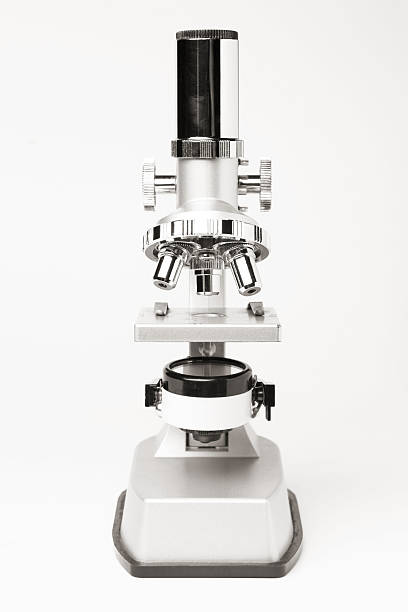 Microscope Front view of a more than thirty year old toy microscope. microscope isolated stock pictures, royalty-free photos & images
