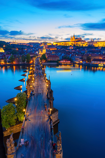 Photo of the Charles Bridge in Prague, Czech Republic at blue hour.