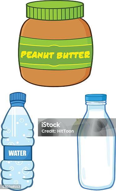 Collection Of Peanut Butter Jar Water And Milk Bottle Stock Illustration - Download Image Now