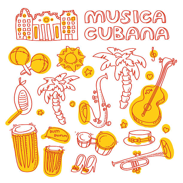 Cuban music illustration with musical instruments, palms, traditional architecture. vector art illustration