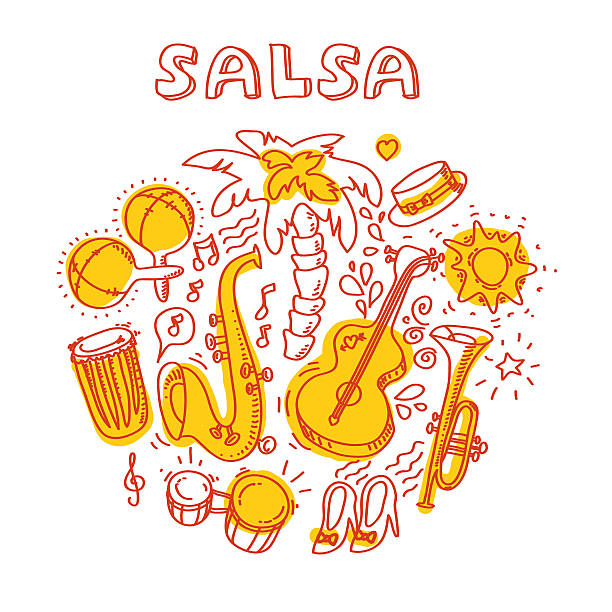 illustrazioni stock, clip art, cartoni animati e icone di tendenza di salsa e musica dance strumenti musicali illustrazione con palme, ecc. - latin music