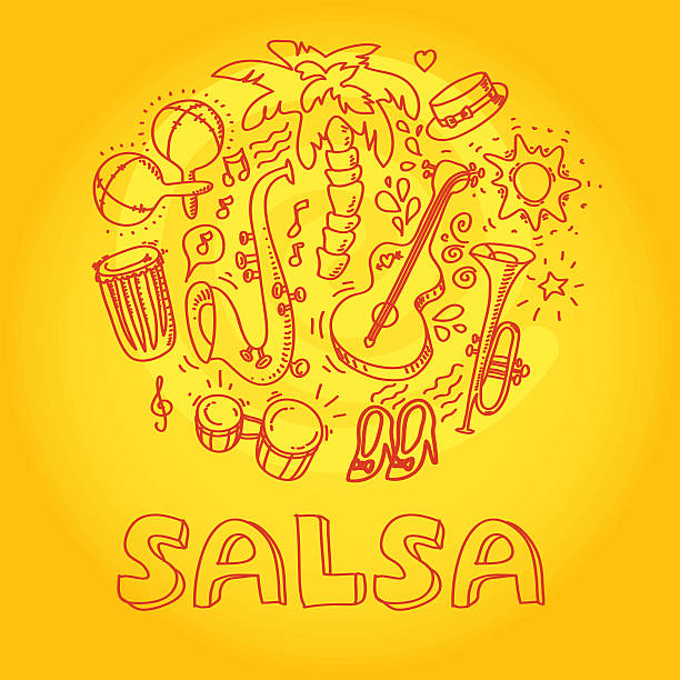 Salsa music and dance illustration with musical instruments, palms, etc vector art illustration