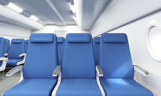 Front view of blue seats in bright airplane interior. 3D Rendering