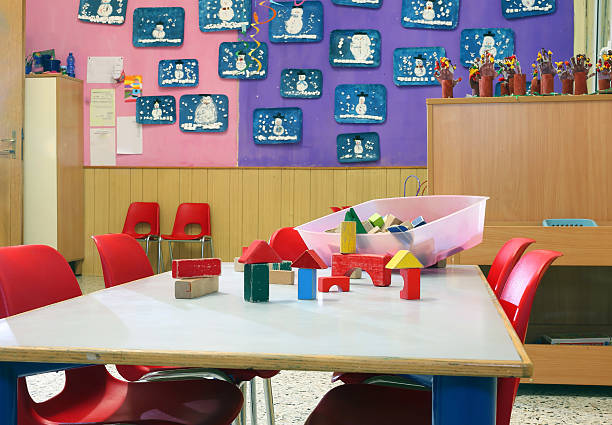 istock Nursery class with small red chairs and children's drawings 530771140