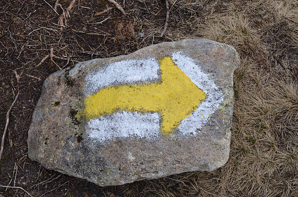 istock Yellow arrow, trail sign marked on a stone 530771176