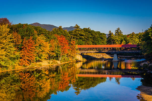 The Saco River Covered Bridge in Conway, New Hampshire. stock photo