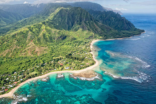 кауаи утесов побережья вид с воздуха на вертолете - hawaii islands mountain kauai sea стоковые фото и изображения
