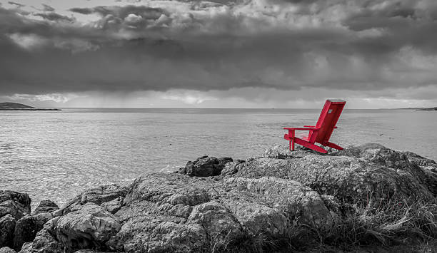 istock Red chair, black and white ocean background 530783299