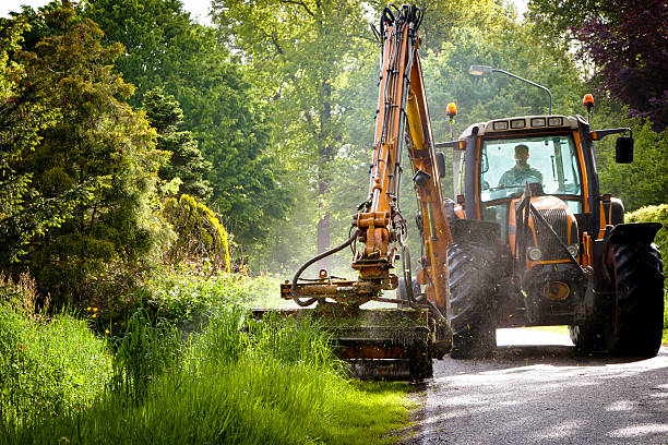mowing grass verge  with tractor mower mowing grass verge with tractor .mowing grass shoulder along road with tractor mower in public space grass shoulder stock pictures, royalty-free photos & images