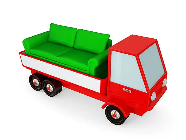 Red truck with a green sofa in a carbody. Isolated on white background. 3d rendered.