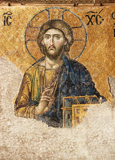 mosaic of Hagia Sophia's wall ISTANBUL - JANUARY 03 :Hagia Sophia was beautifully decorated with mosaics within the centuries during Byzantine period in January 03,2012 in Istanbul. ancient christianity stock pictures, royalty-free photos & images
