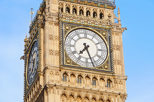 Big ben close up in London, blue sky in a sunny day