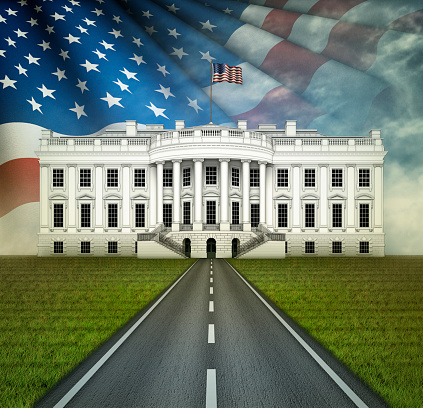 Digital illustration of the White House, a road leading to it, and a stars and stripes pattern in the sky.