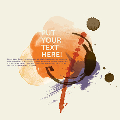 Square grunge design vignette / template with place for headline and copy text. The design is based on water color, coffee stains and splattered paint in orange, purple and brown on a yellowed paper background – giving a modern, fresh and artistic impression. Download comes with an additional high resolution RGB JPG without dummy text