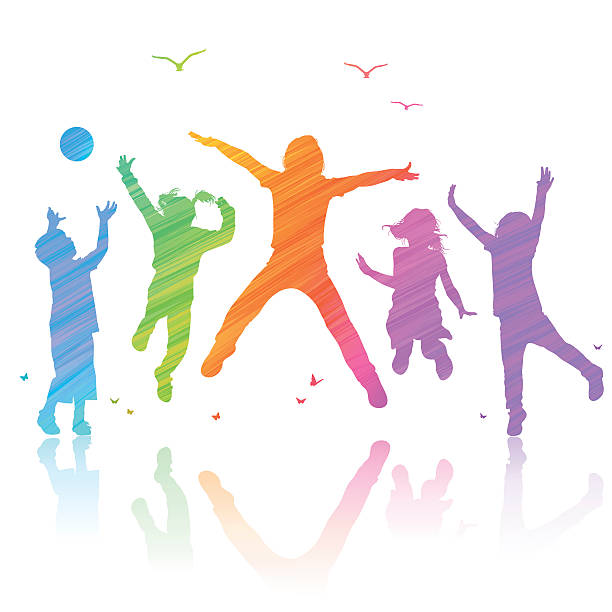 Happy Children Jumping Vector illustration silhouettes coloured of happy children jumping. jumping stock illustrations