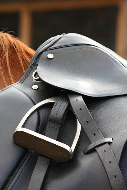 istock Close up of black saddle on horse back 530808635