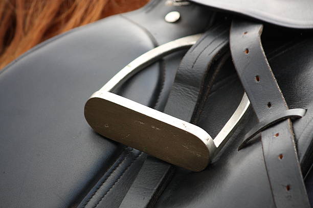 Close up of black leather saddle on horse back
