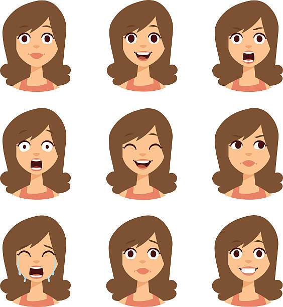 Woman emoji face vector icons Girl emotion faces cartoon vector illustration. Woman emoji face icons and woman emoji face cute symbols. Woman emoji face happy vector and woman emoji face character symbols. Human expression sign. drawing of the how to draw a crying face stock illustrations